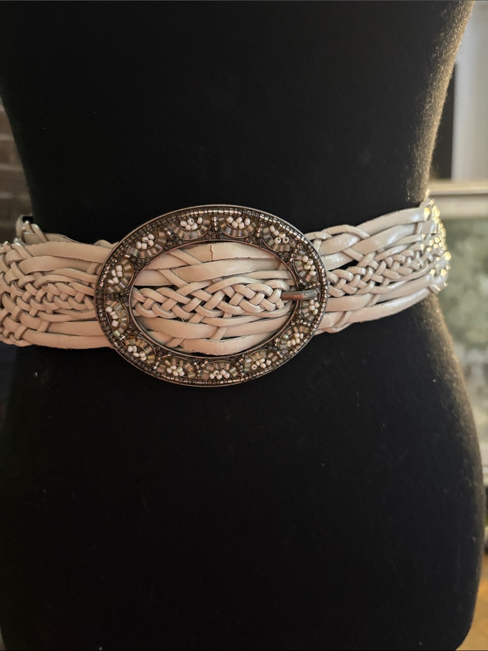 Nine West Cream Woven Belt with Ornate Oval Buckle